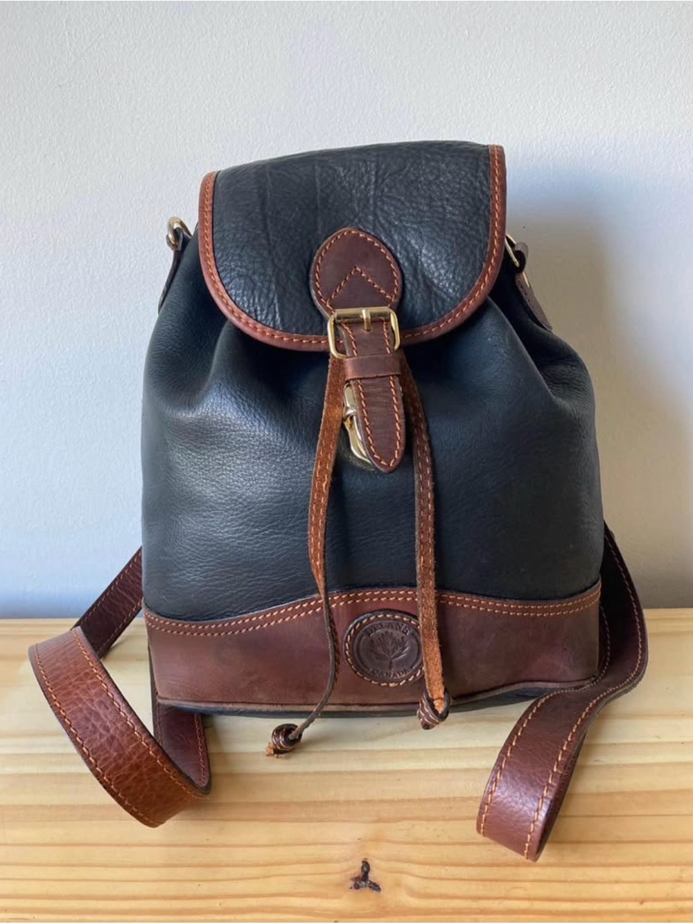 Leather Drawstring Backpack - Dark Green with Brown Trim